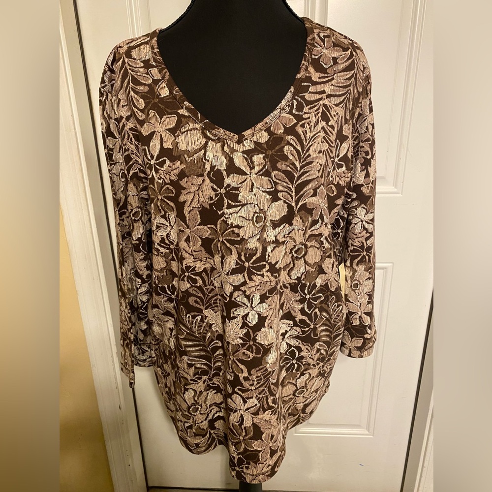 St. John's Bay Graphic Brown and Cream 3/4 Sleeve Tunic